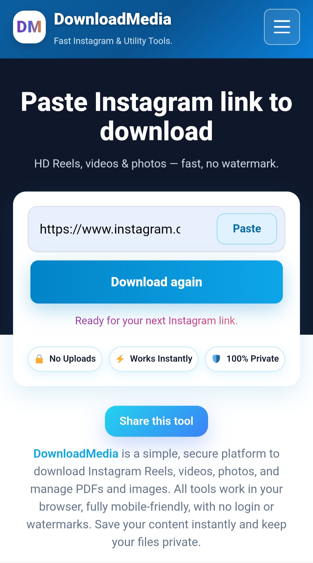 DownloadMedia.app Instagram Reels Downloader - Download MP4 1080p mobile UI